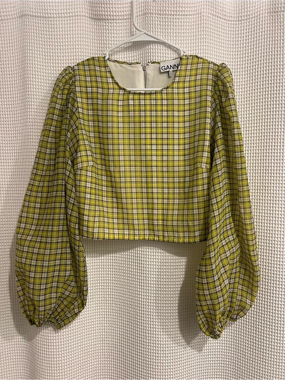 Ganni Yellow Plaid Puff-Sleeve Cropped Top